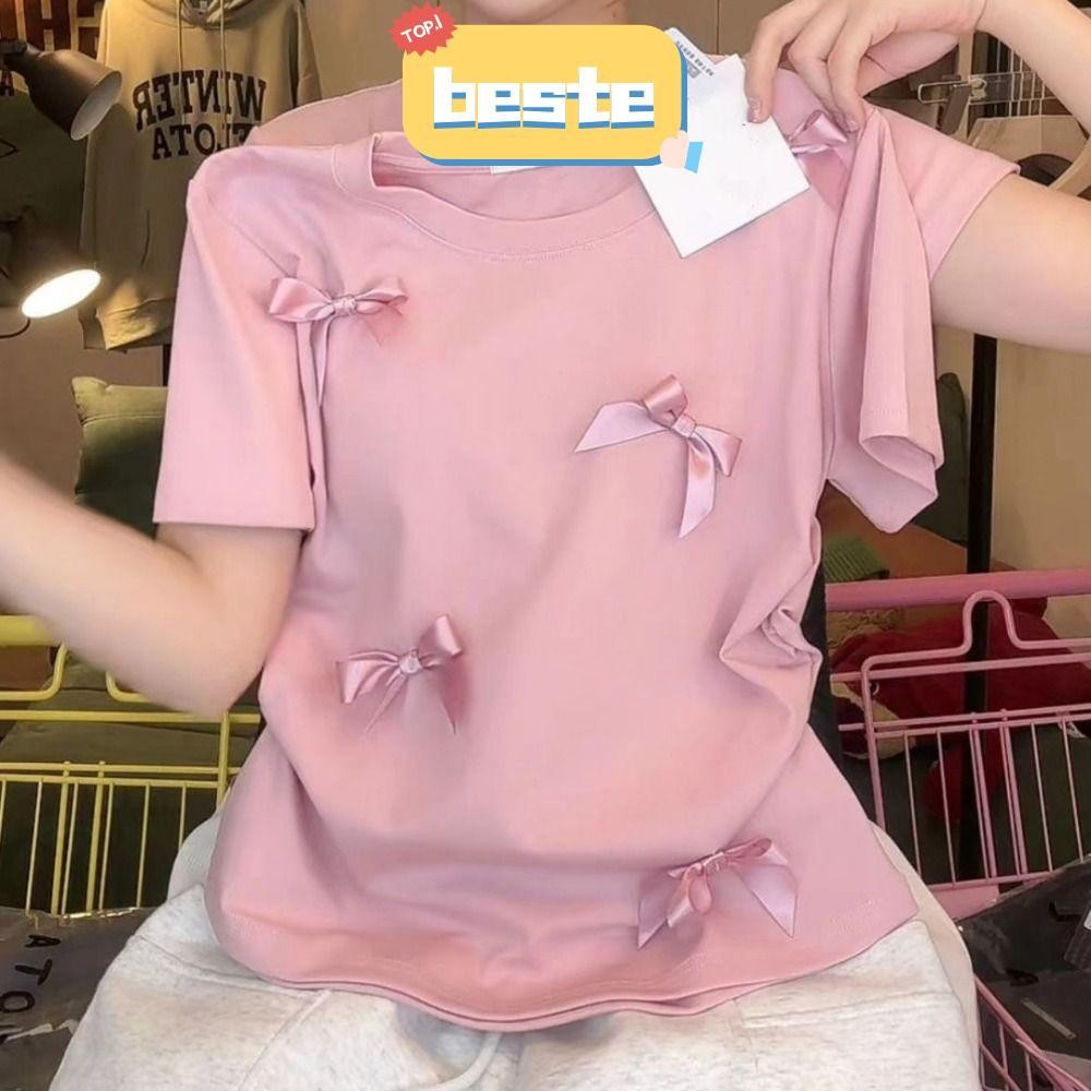 Beste Bowknot T เสื้อ,สไตล์ญี่ปุ่นแขนสั้นผู้หญิง,แฟชั่นสีทึบรอบคอบัลเล่ต์ริบบิ้น Crop Tank Top ผู้หญิงสาว
