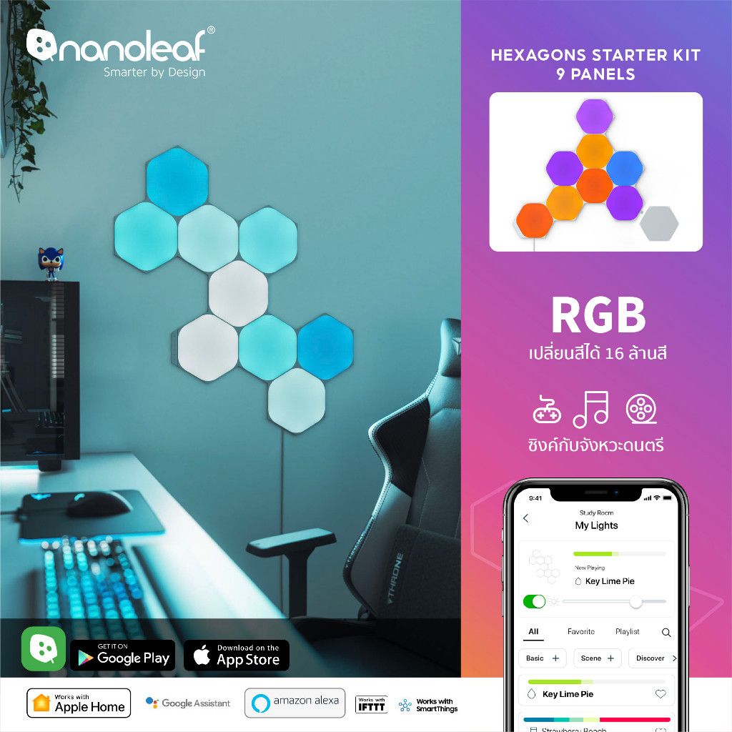 Nanoleaf Shapes Hexagons (Starter Kit 9 Panels) ไฟแต่งห้อง LED RGB แบบหกเหลี่ยม |NL42-0002HX-9PK