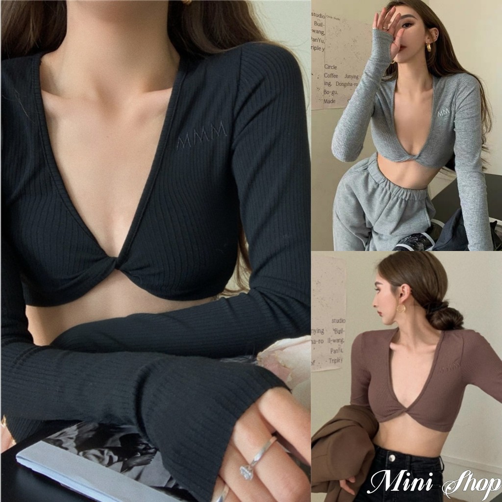 Mini shop พร้อมส่ง เสื้อครอปสั้น แขนยาว คอวี ปักหน้าMMM เกาหลีสไตล์ทรงรัดรูปเซ็กซี่ เสื้อแขนยาว(FY1154)