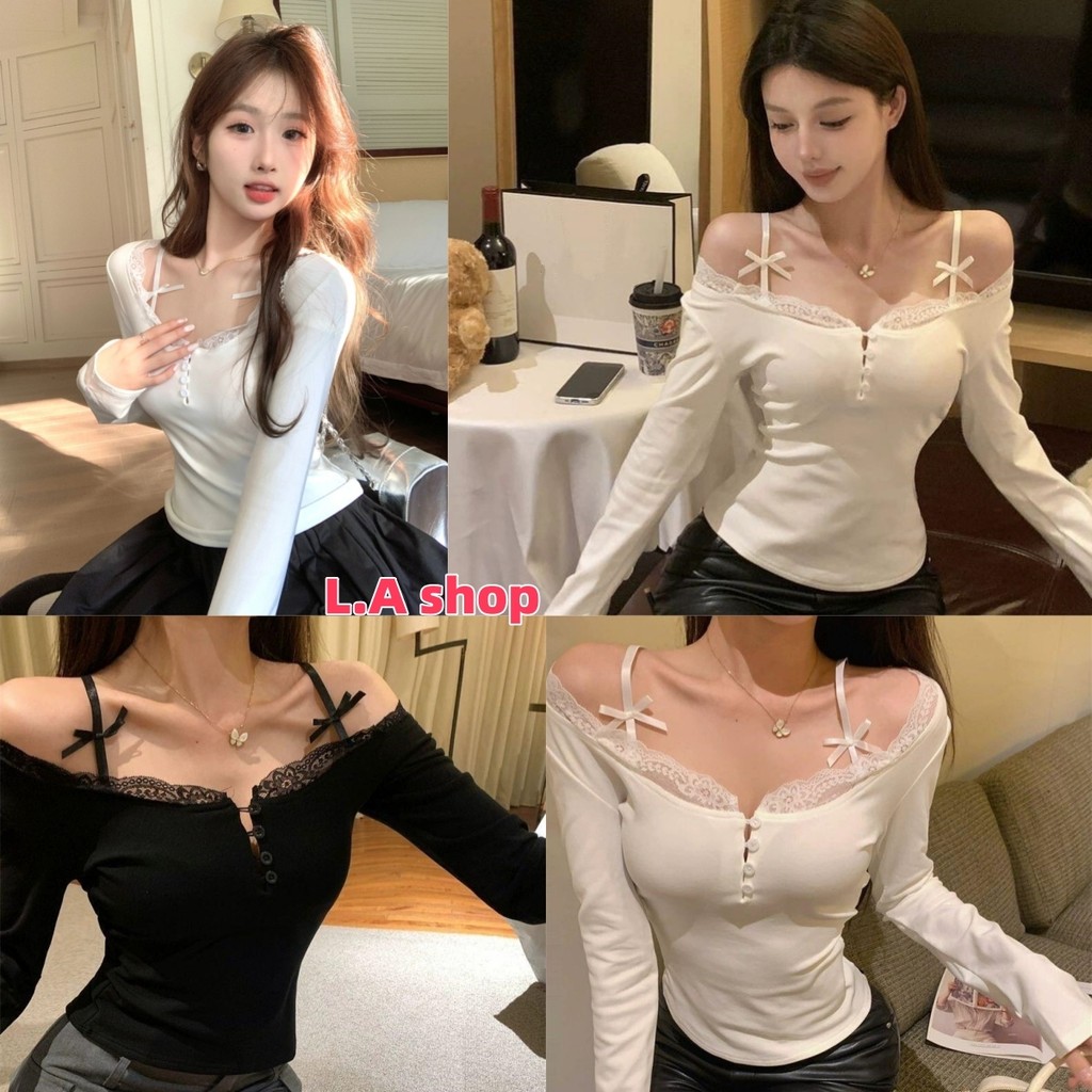 L.A Shop★สไตล์ใหม่★เสื้อแขนยาวไหมพรม คอวีเล็กๆ เกาหลีสไตล์ ดีเทลแต่งสายเพิ่มลูกไม้ "M1946"