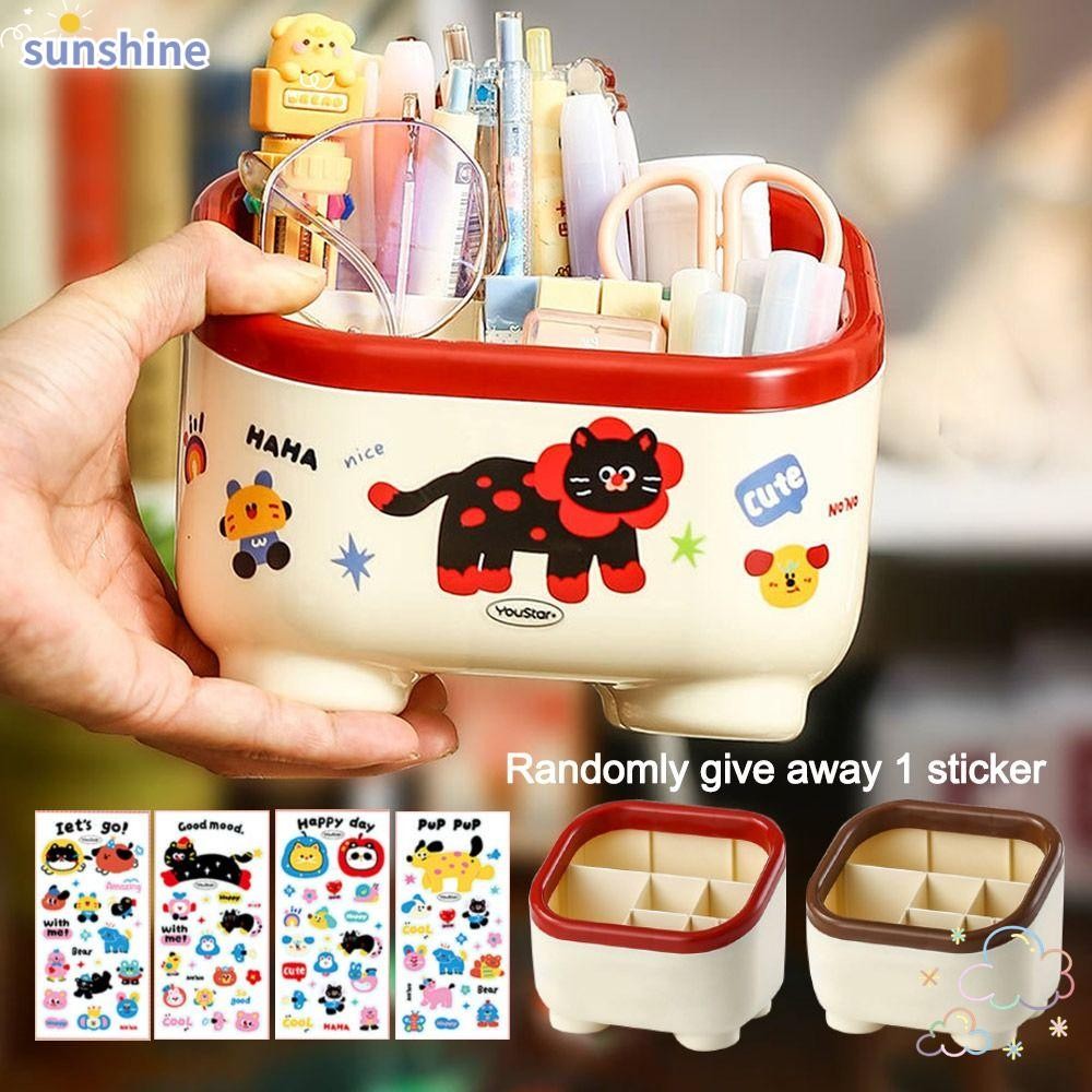 Ssunshine กล่องเก็บของตั้งโต๊ะ,พร้อมสติ๊กเกอร์ ที่ใส่ปากกาลายการ์ตูน,กล่องจัดระเบียบแปรงแต่งหน้าความจุขนาดใหญ่หลายตาราง