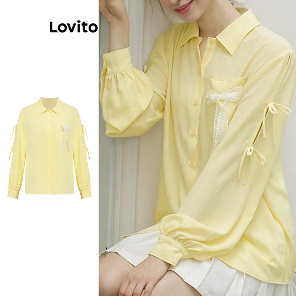 Lovito เสื้อเบลาส์ตัดด้านหน้าลูกไม้ธรรมดาสำหรับผู้หญิง L102AD075