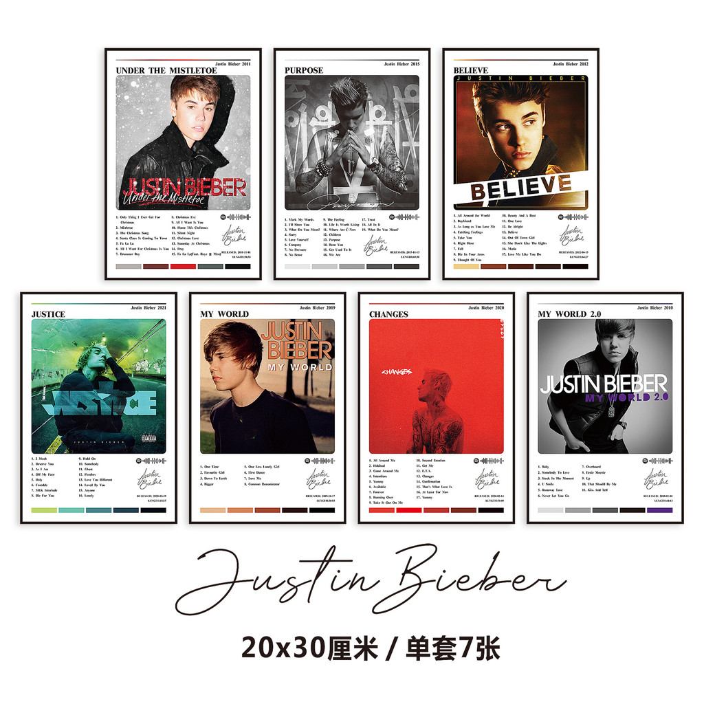 Justin Bieber อัลบั้มเพลงโปสเตอร์ห้องนอนห้องนั่งเล่นตกแต่งภาพวาด 27x40 ซม. 7 แผ่น