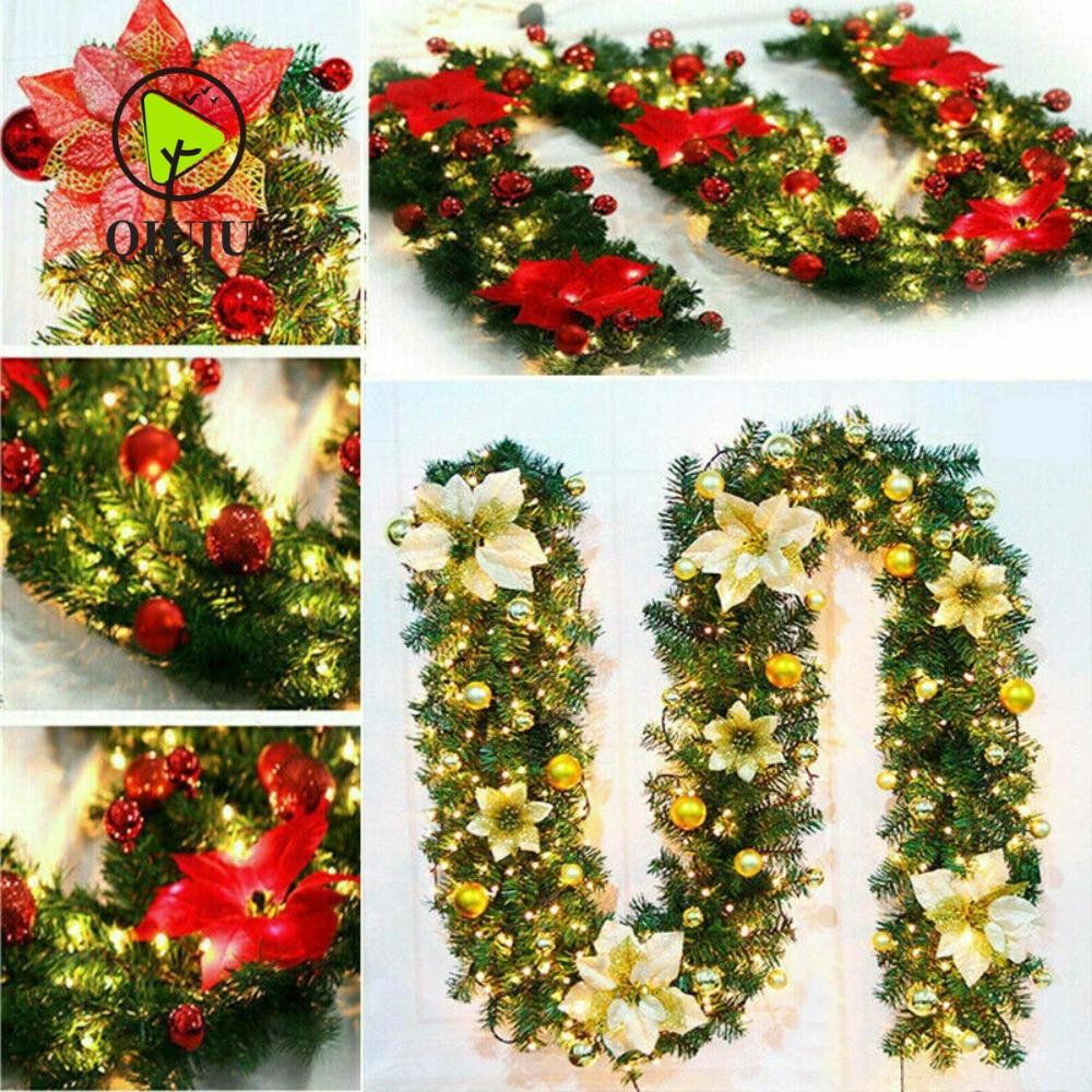 Qiju พวงหรีดคริสต์มาส,พร้อมไฟ LED 2.7M Christmas Garland, Craft Xmas Balls ดอกไม้ประดิษฐ์ประตูแขวนตกแต่งคริสต์มาสหวายห้างสรรพสินค้าเค้าโครง Props