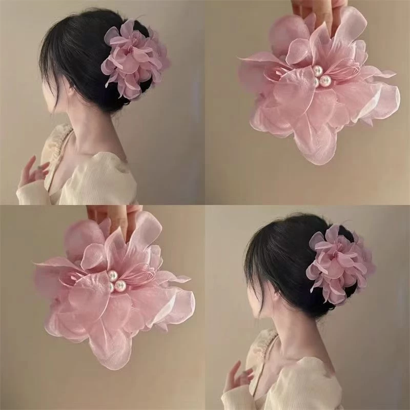 2025 กิ๊บติดผมดอกไม้ตาข่ายชีฟอง Elegant Pink Premium Shark Clip