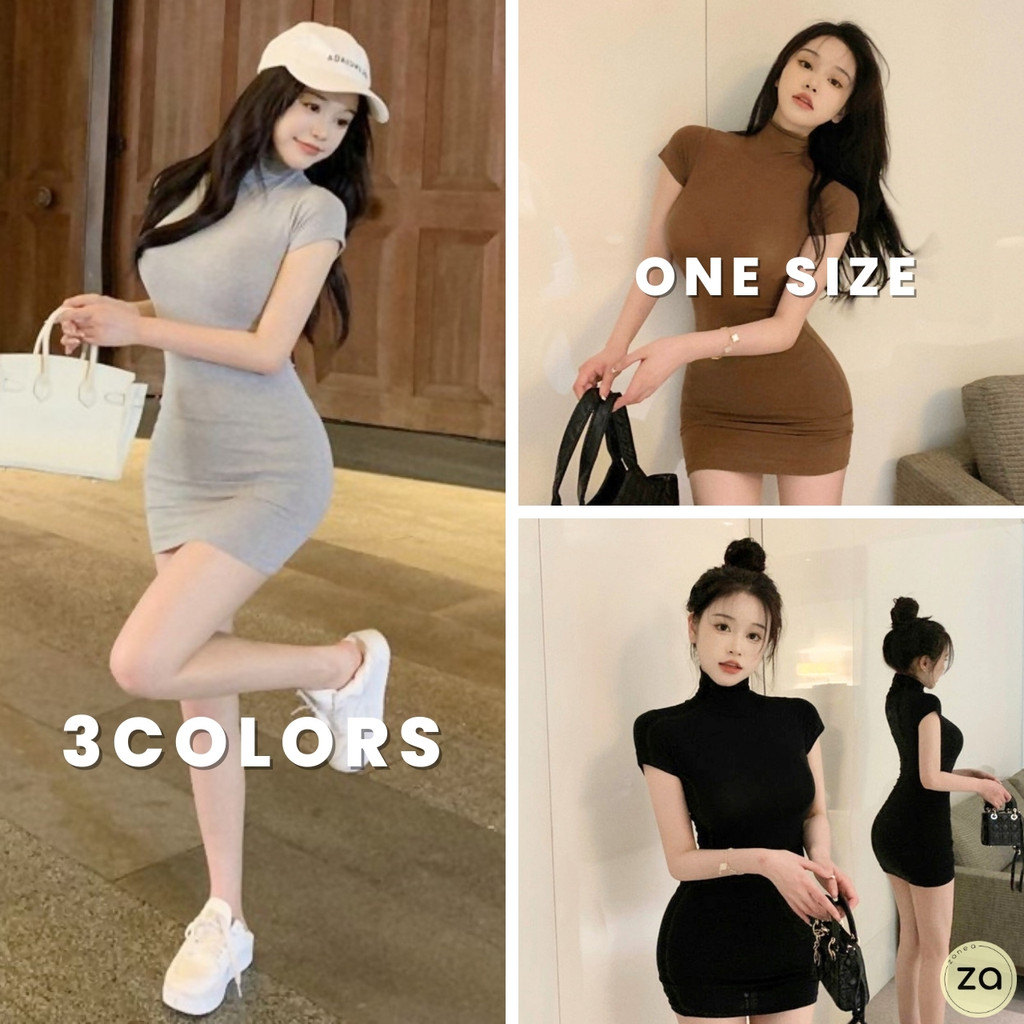 HOT SALE ชุดเดรสเข้ารูป แขนสั้นคอเต่า ผ้านิ่มยืดตามตัว สีพื้น 3 สี มีไซส์