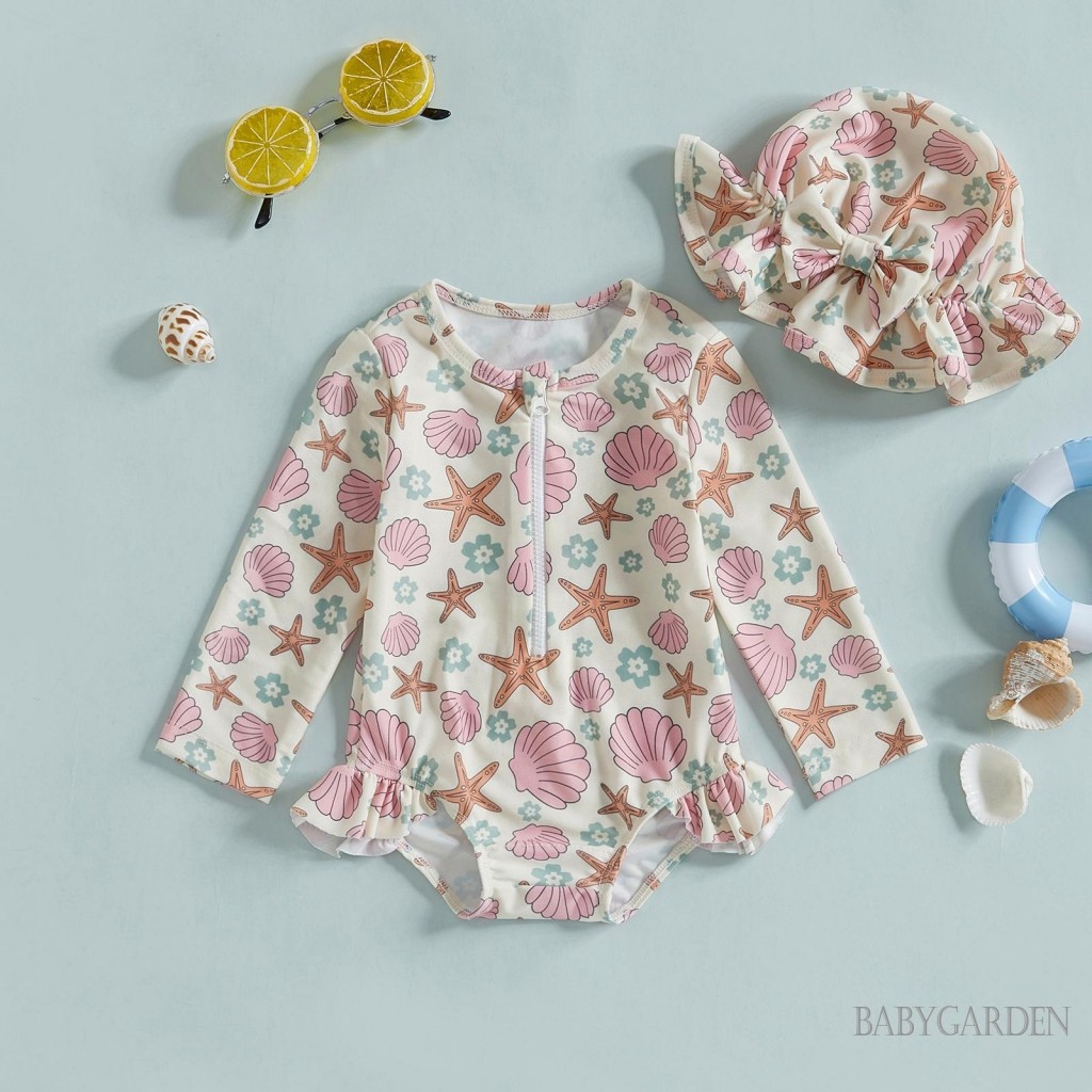//-6เดือน-4ปี เด็กทารกผื่นยามชุดว่ายน้ํากับหมวกเปลือกปลาดาวลายซิปขึ้นแขนยาวลูกเรือคอชุดว่ายน้ํา