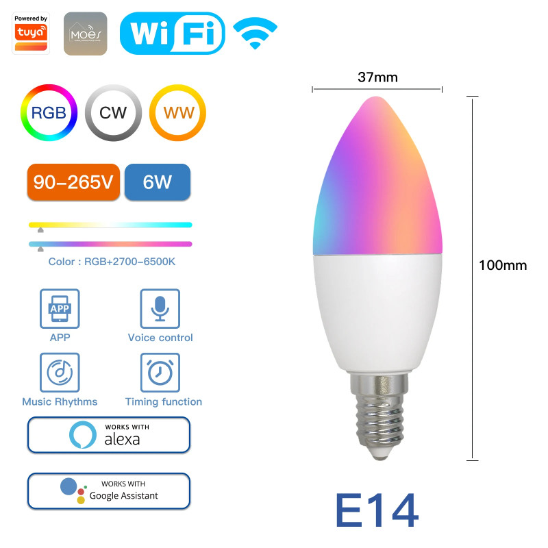 Moes WiFi Zigbee หลอดไฟ LED E14 โคมไฟเทียนสมาร์ท RGB RCW 2700-6500K หรี่แสงได้ Tuya Alexa Google Voi
