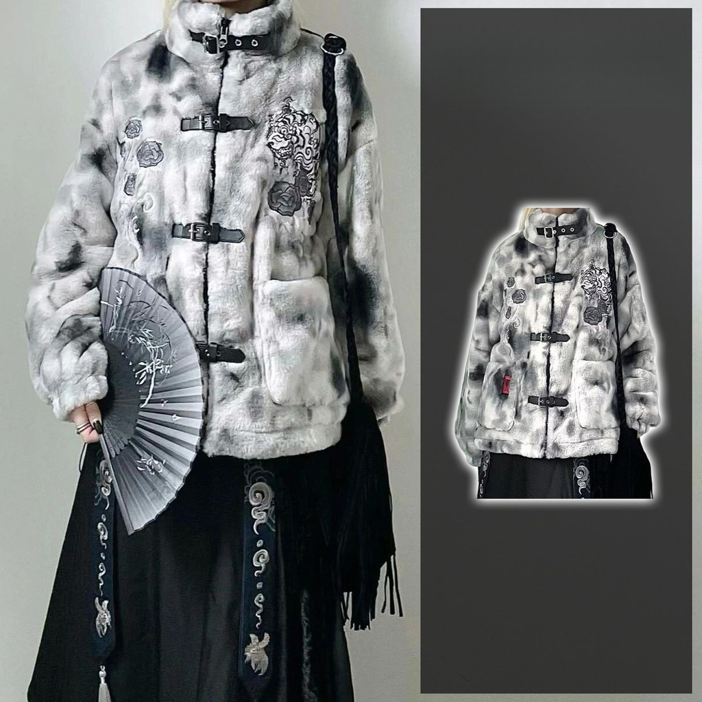 🍀เสื้อโค้ทสไตล์จีนใหม่ Yoji Yamamoto เสื้อโค้ทผ้าพลัฌทรงหลวมคอตั้งปักแฟชั่นเท่