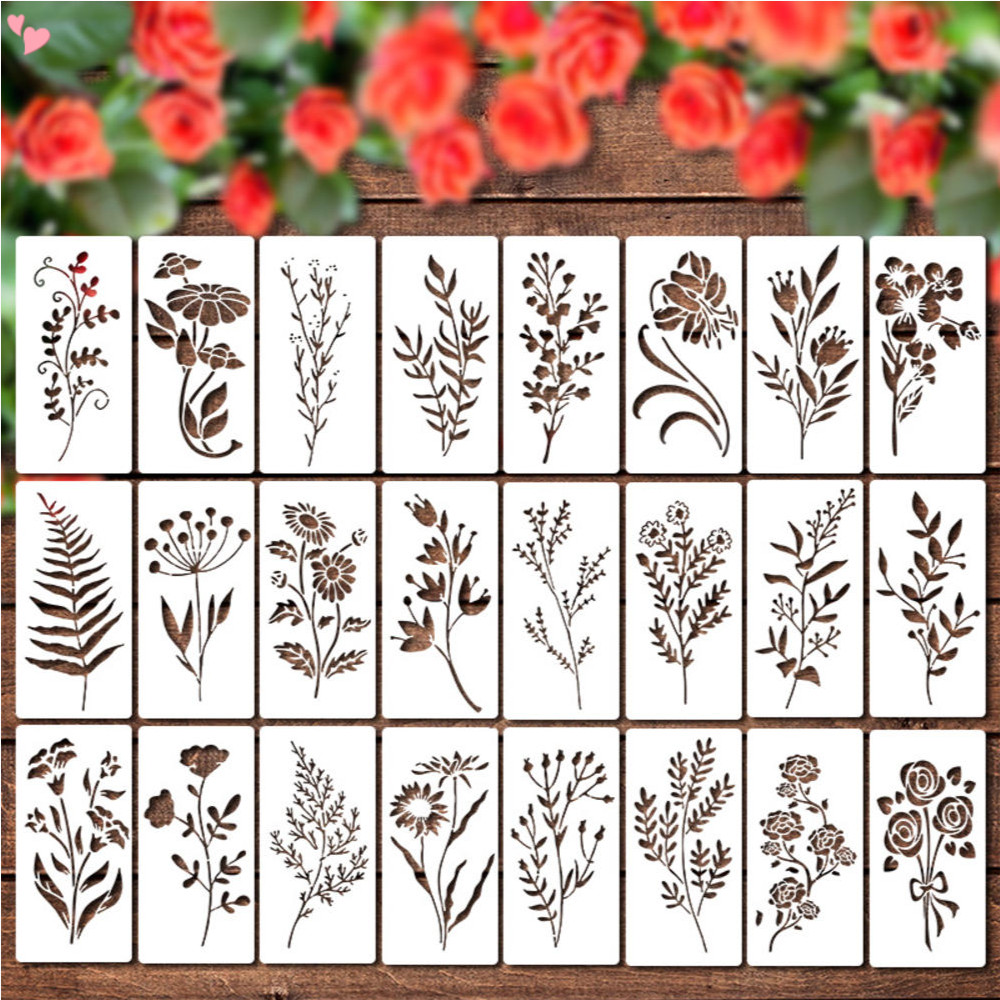 24ชิ้น ลายฉลุดอกไม้สําหรับจิตรกรรม ลายใบไม้พืช งานไม้ ผนังประตู ผ้าใบ ตกแต่งบ้าน ขนาด 5.9"x2.95"