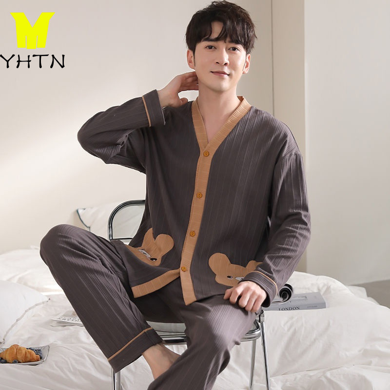 YHTN ชุดนอนผู้ชาย ชุดนอนชายไซส์ใหญ่ ราคาถูก แฟชั่น เกาหลี เสื้อนอนผู้ชาย กางเกงนอนผู้ชายขายาว ผ้าคอต