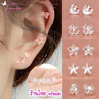 พร้อมส่ง ต่างหูพลาสติก ต่างหูสตั๊ด ตุ้มหูแบบใส รูปดาว หัวใจ ดอกไม้ โบว์ แพ้ง่ายใส่ได้ 1 คู่พร้อมแป้น