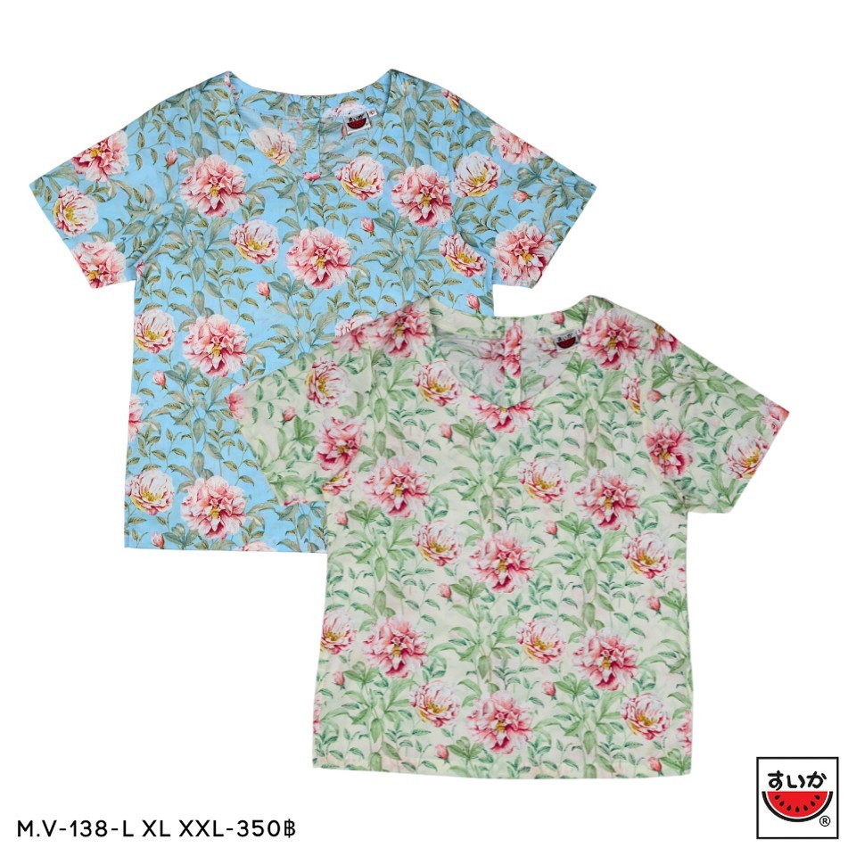 เสื้อแตงโม (SUIKA) - เสื้อผ้าป่านมัสลินคอวีกระดุมหลังแขนสั้น (ผ้าป่านมัสลิน) ลายดอกไม้ (M.V-138)