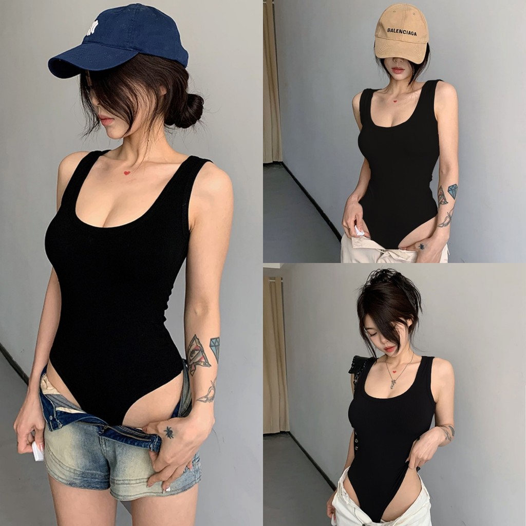 💖Miqi💖ชุดบอดี้สูท แขนกุด สีพื้น ทรงสกินนี่ ยืดกำลังดี ชุดบอดี้สูทเซ็กซี่ เกาหลี สาวแซ่บ#FY2896-1