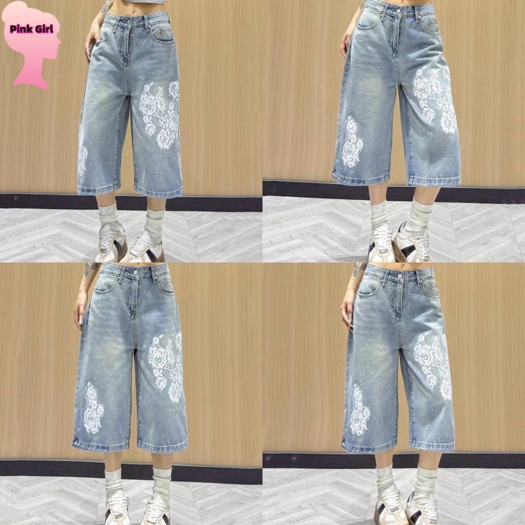 💋Pink girl💋​พร้อมส่ง กางเกงยีนส์ 4ส่วน สีฟ้าอ่อนเฟด ลายดอกไม้ ' NZ88081