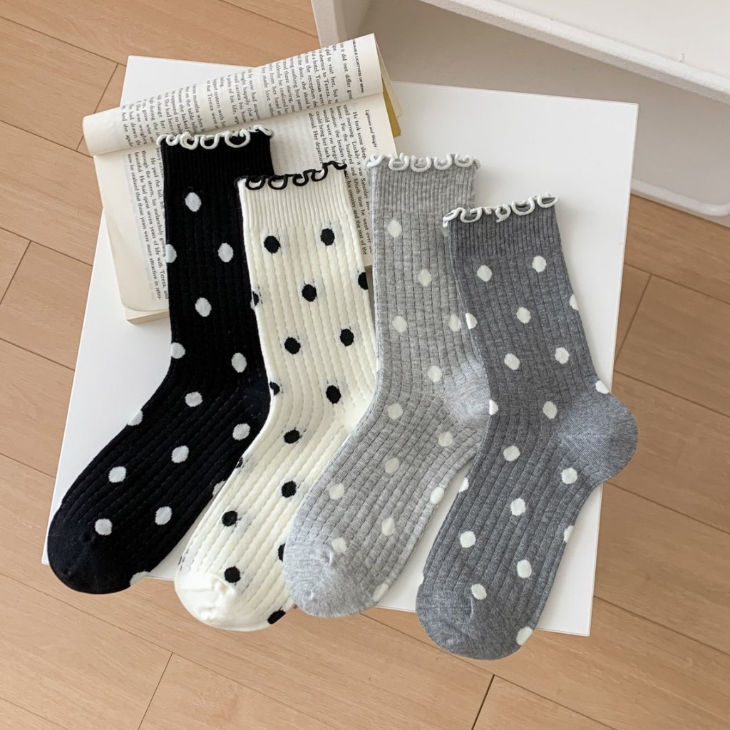 ฤดูใบไม้ผลิฤดูใบไม้ร่วงสไตล์บาง อิน สไตล์เกาหลีสไตล์หวานตาข่ายระบายอากาศลายจุดเชื้อราขอบถุงเท้าผู้หญิงกลางหลอด