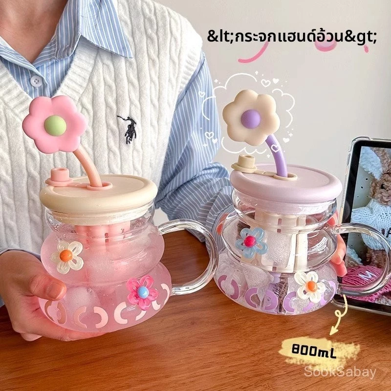 🌸แก้ว ดีไซน์ดอกไม้สุดน่ารัก รูปร่างโดนัท 800MLความจุขนาดใหญ่แก้วโบโรซิลิเกตทนความร้อนสูง แก้วน่ารัก thumbnail 3