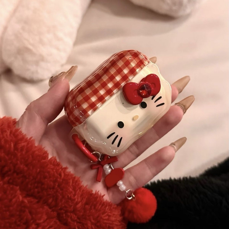 กระเป๋าหูฟัง Hello Kitty AirPods 4/3/2/1 ลายตารางสีแดง โบว์ AirPodsPro2 ซิลิโคนป้องกันการตกหล่น