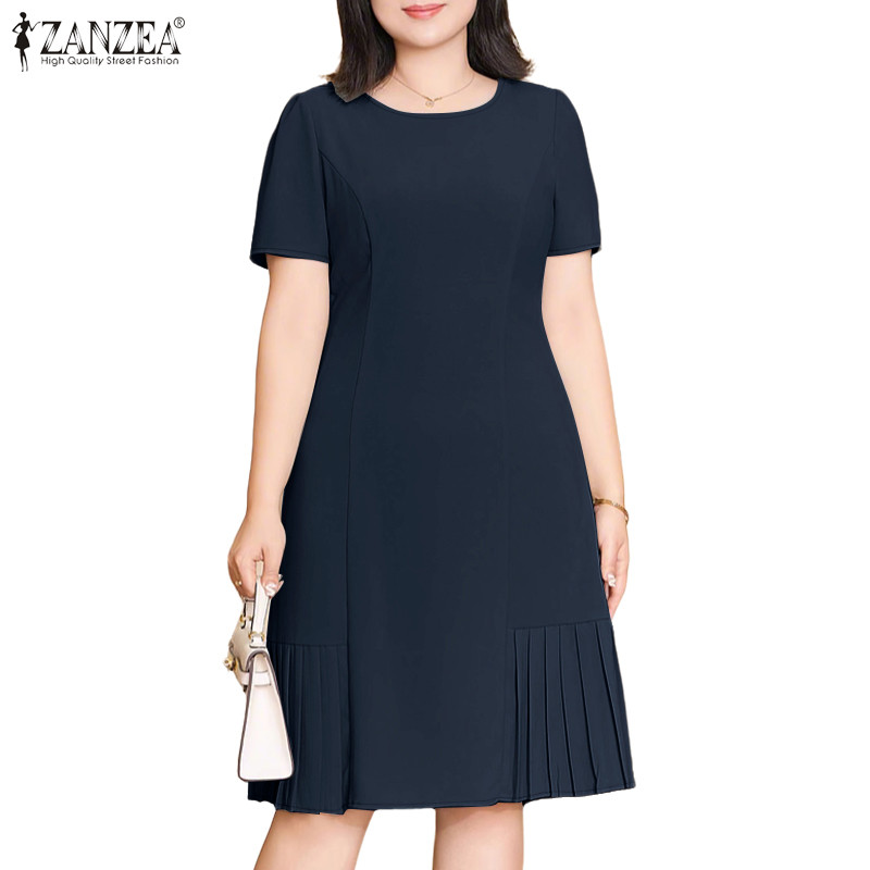 ZANZEA ใส่ ซานเซีย ผู้หญิงแฟชั่นเกาหลีแขนสั้นจีบกด มิ้ม บีบอัด ชุด