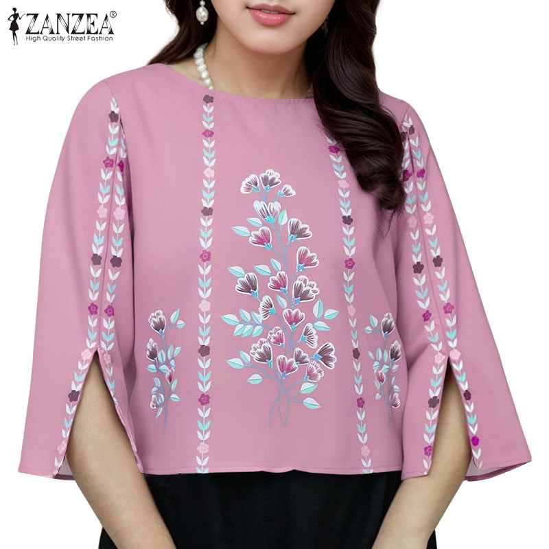 ZANZEA ซานเซีย ผู้หญิงเกาหลี3/4แขนดอกไม้พิมพ์รอบคอปกเสื้อหรูหรา