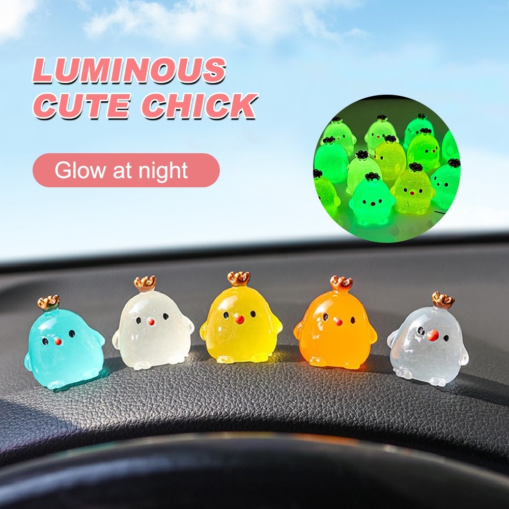 6ชิ้นน่ารักส่องสว่างมงกุฎเจี๊ยบเครื่องประดับตกแต่งรถยนต์การ์ตูนน่ารักรถแดชบอร์ดตกแต่งมินิเรซิ่นไก่การสร้างแบบจําลองอุปกรณ์รถยนต