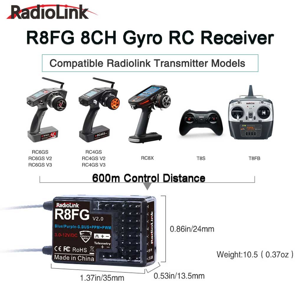 Radiolink R8FG 8 Ch 2.4G Gyro RC ตัวรับสัญญาณเสาอากาศคู่แรงดันไฟฟ้ากลับ 600m Long Range RX สําหรับรถ