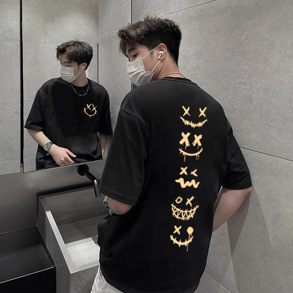 Basi💥 เสื้อผู้ชาย เสื้อยืด oversize สตรีท เกรดพรีเมียม โคตรนุ่ม เสื้อคอตตอน100% ไม่หดตัวลาย ลาย "XX smiley face"