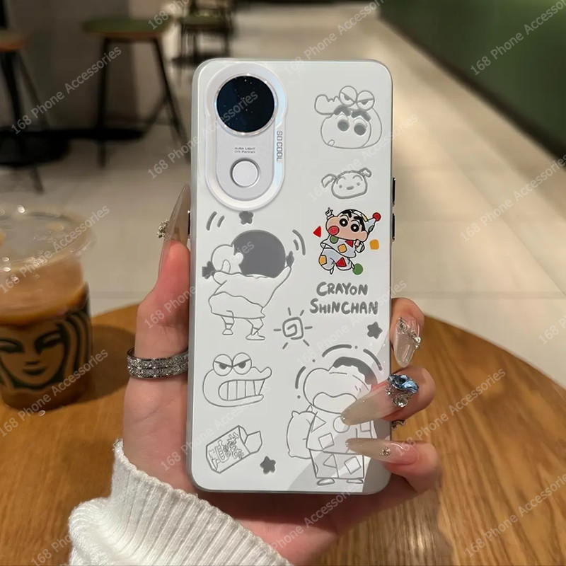 เคส Vivo V60 V50 V40 เคส Vivo V50 V60 Lite 5G V40 Pro เคสน่ารักการ์ตูนเครยอนชินจังเคสกันกระแทกพร้อมสายรัดโทรศัพท์โบว์น่ารักเชือกเส้นเล็กขอบซิลิโคนอ่อนนุ่มเคสโทรศัพท์แข็งด้าน