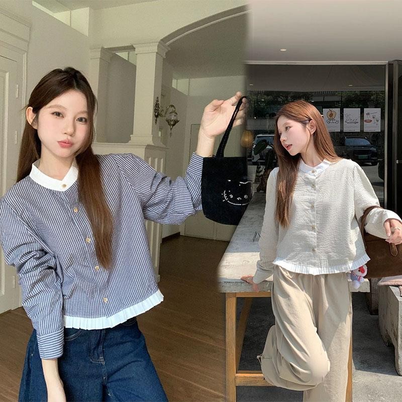 ohho w594 เสื้อเชิ้ตลายทางแขนยาว ย้อนยุค คอตั้ง สีตัดกัน ทรงหลวม  ดีไซน์จับจีบเย็บปะติดปะต่อกัน