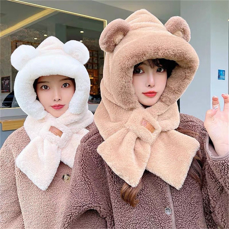 Casual Plush Integrated หมวกหมวกนุ่มป้องกันหูWindproof BeanieหมวกหนาHoodedผ้าพันคอคออุ่นใหม่