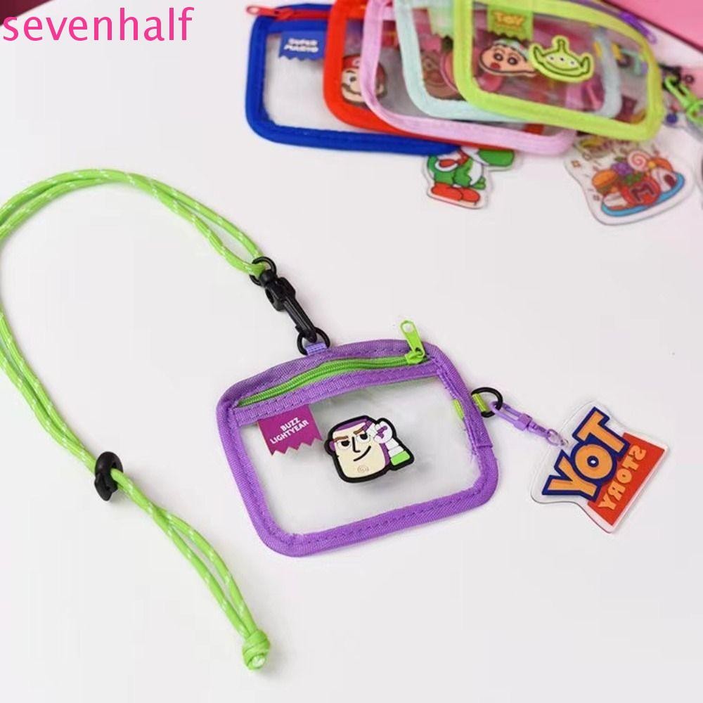ปลอกบัตรประจําตัวแบบใส เจ็ด,ที่ใส่บัตรห้อยคอการ์ตูนแบบพกพา,มัลติฟังก์ชั่นพร้อมเชือกเส้นเล็กน้ําหนักเบาสองด้านซิปกระเป๋าสตางค์สั้นหญิ