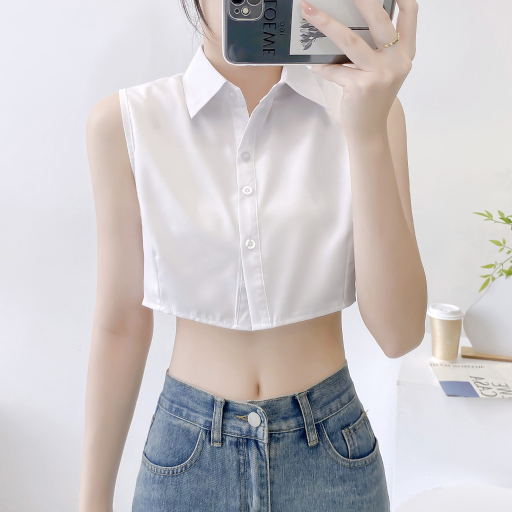 Hermarou เสื้อเชิ้ตผู้หญิงแขนกุดสีขาวผ้าบางสั้นสลิมท็อป