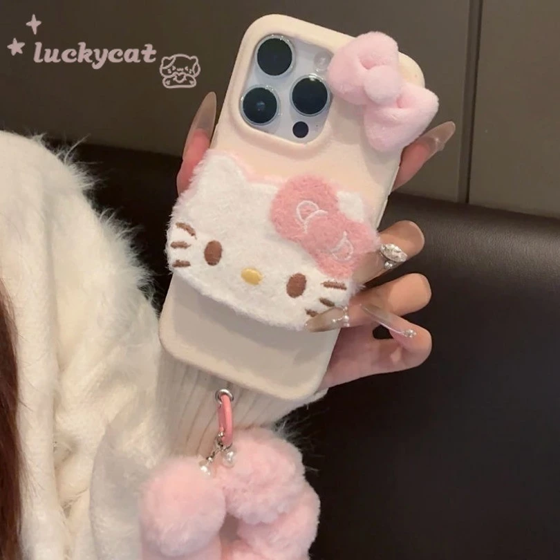 Iphone 16 15 14 13 12 11 Pro Max X Xr Xs Max เคสโทรศัพท์น่ารัก 3D DIY สีชมพูฤดูหนาวตุ๊กตาสีชมพูโบว์ KT Cat + Lanyard หนังนุ่มปกหลัง