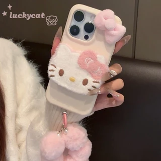 Iphone 16 15 14 13 12 11 Pro Max X Xr Xs Max เคสโทรศัพท์น่ารัก 3D DIY สีชมพูฤดูหนาวตุ๊กตาสีชมพูโบว์ KT Cat + Lanyard หนังนุ่มปกหลัง