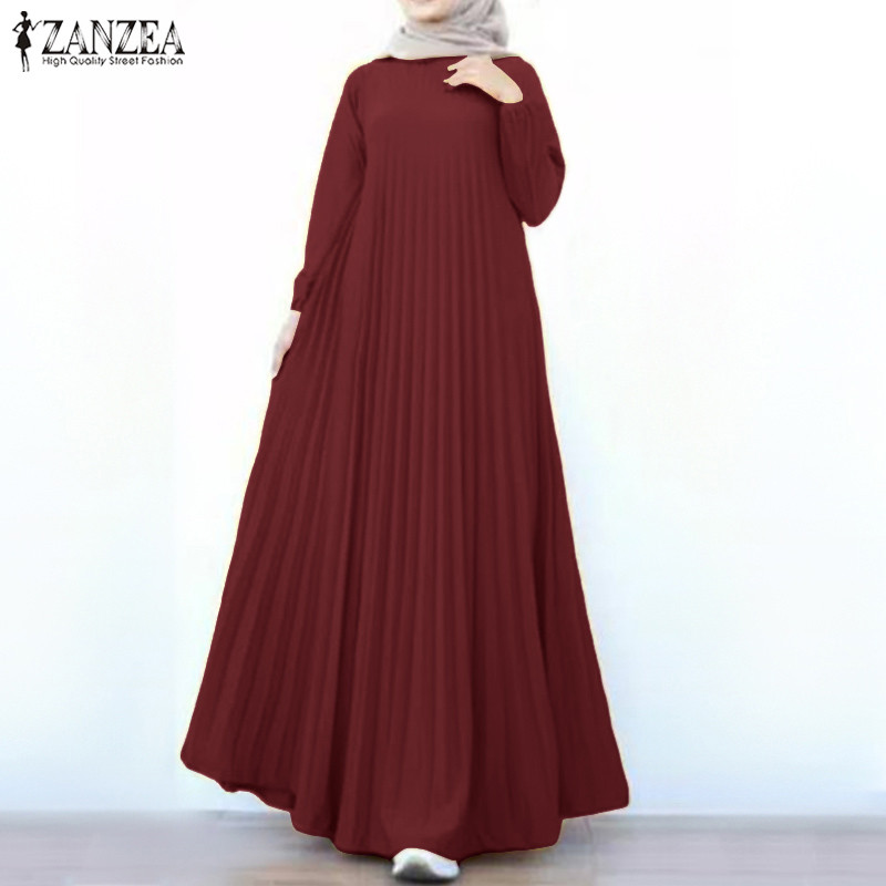 ZANZEA ใส่ ซานเซีย ผู้หญิงมุสลิมทุกวันสบายๆลูกเรือคอธรรมดาสีจีบ ก มิ้ม ชุด