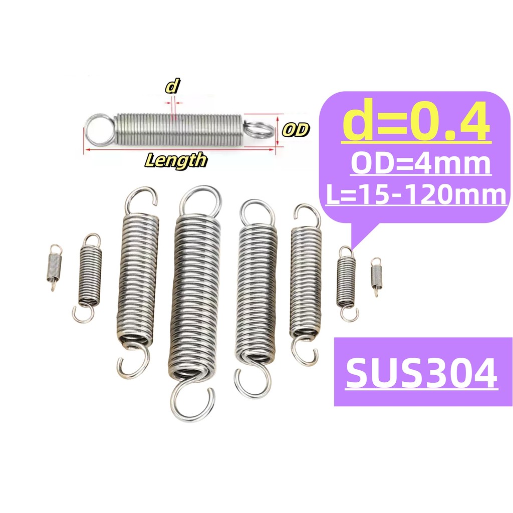 304 สแตนเลส สปริงแรงดึง/สปริง d=0.4 มม.,OD4 มม.,L=15~120 มม. สปริงดึงพร้อมตะขอ ทาประตูโรงรถ bunnings, เครื่องแกว่งM1XZ