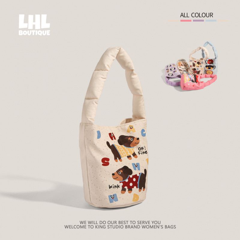LHL BOUTIQUE การ์ตูนภาพประกอบผ้าฝ้ายบรรจุถังแบบพกพาใต้วงแขนทำงานกระเป๋าเดินทางภาพถ่าย