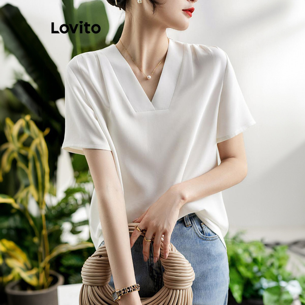 Lovito เสื้อเบลาส์ผู้หญิง เบสิก สีพื้น สไตล์หรูหรา LNE50468