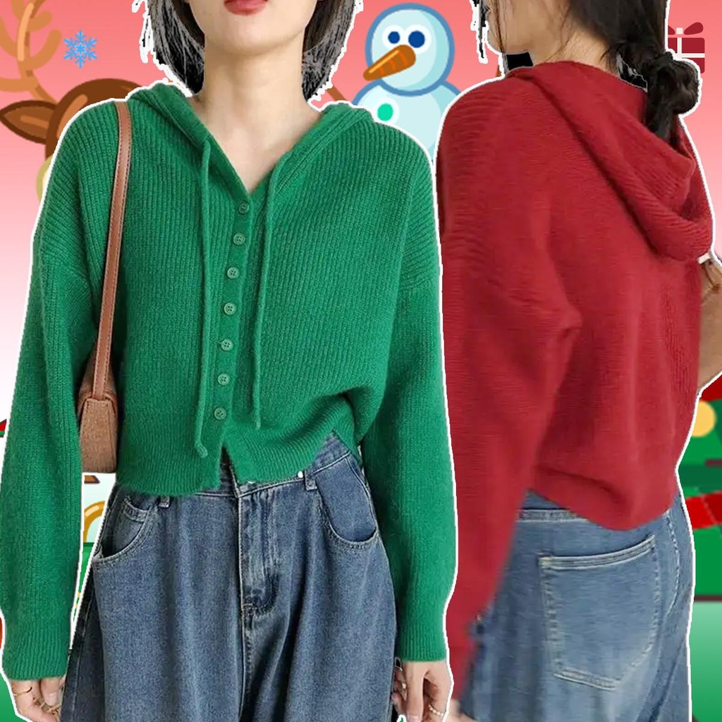 mimi&didi##เสื้อไหมพรมแจ็คเก็ตมีฮู้ดชุดคริสต์มาสสีแดง แขนยาว สำหรับผู้หญิง แฟชั่นฤดูใบไม้ร่วงและฤดูหนาว#9685