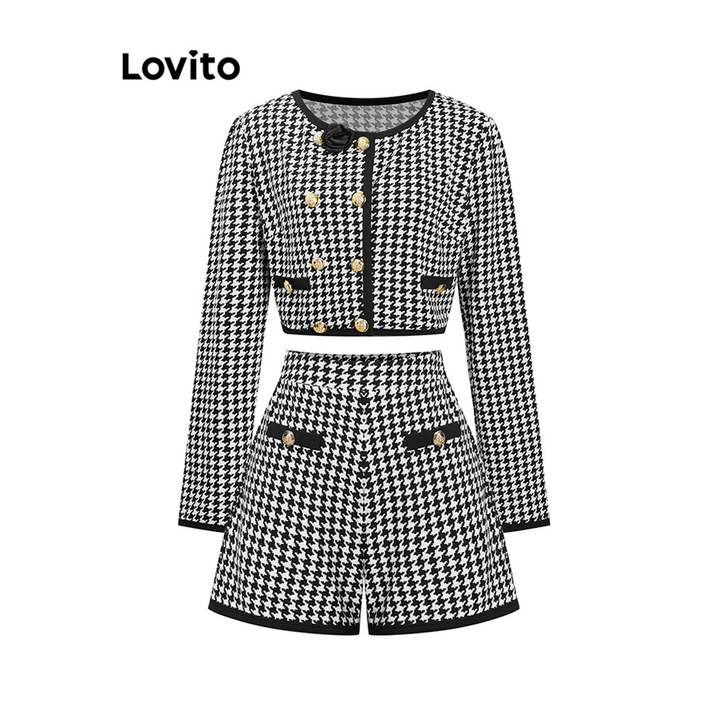 Lovito ชุดกางเกงขาสั้นลายตารางผูกโบว์สำหรับผู้หญิง L110AD468