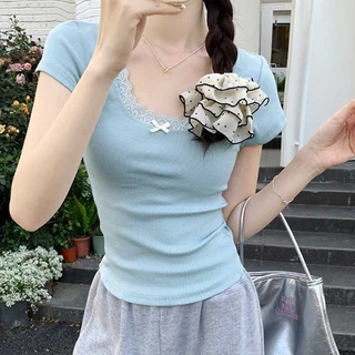 เสื้อยืดแขนสั้นยูคอผูกโบว์ ลายลูกไม้ สไตล์อเมริกัน สีชมพู