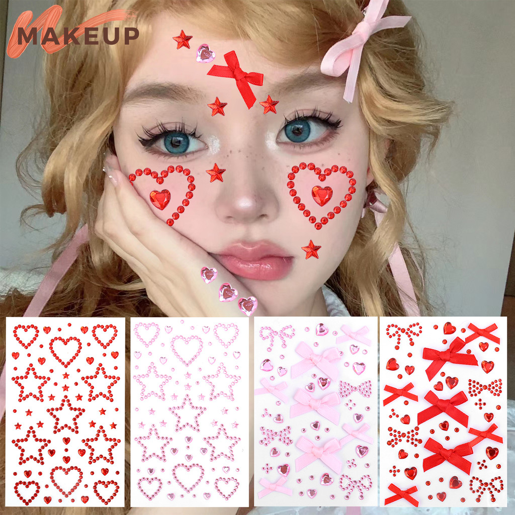 Self-adhesive,กันน้ํา,ชั่วคราว-y2k Rhinestoneริบบิ้นโบว์สติกเกอร์รอยสัก-DIY Body Artตกแต่ง-เทศกาลอุปกรณ์แต่งหน้า-3DเงาเพชรBowknot Faceสติกเกอร์