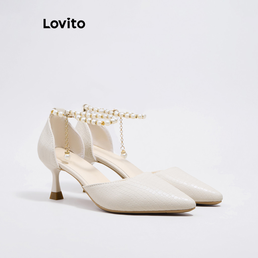 (Lovito Refine) รองเท้าส้นสูงผู้หญิง รองเท้าหัวแหลม มีหัวเข็มขัด แต่งไข่มุก สีเรียบ แนวฝรั่งเศส สไตล์หรูหรา LFA28032