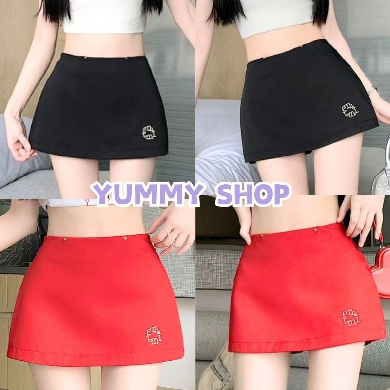 Yummy Shop พร้อมส่ง【906】-NZ-XM กระโปรงหางเกงเอวกลางเกงสีแดงสดใส ใส่ง่าย