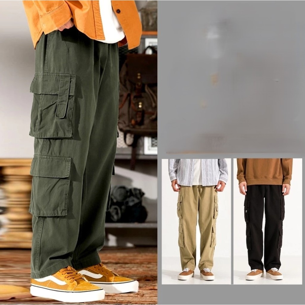 M-5XL ผ้าฝ้ายกางเกงคาร์โก้ผู้ชายกระบอก ไซส์ใหญ่ เกาหลี แฟชั่น อ้วนเอวยืด กางเกงขายาวผู้ชาย