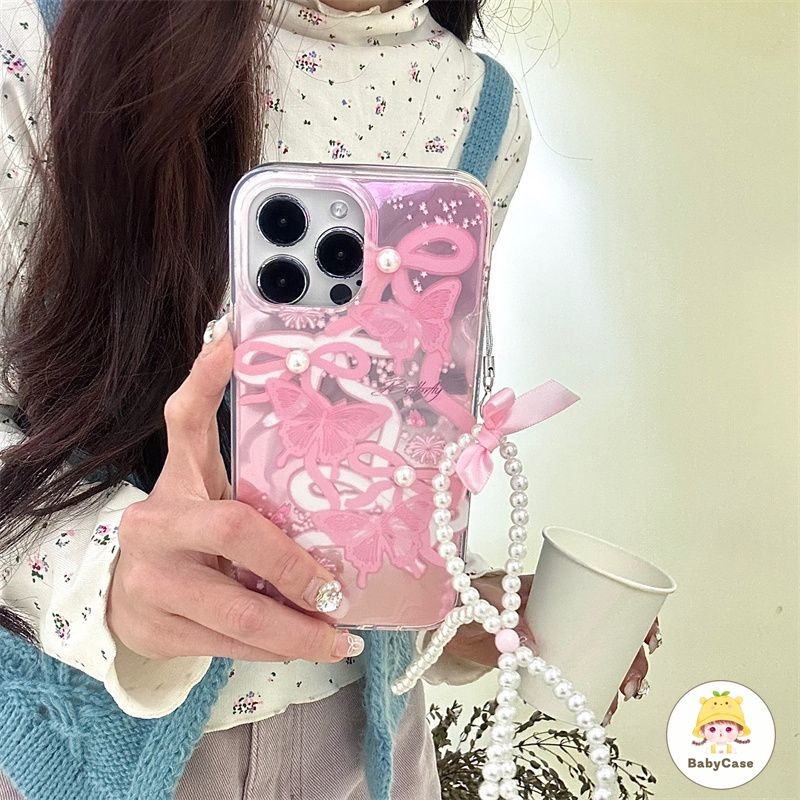 เคสไอโฟน 13 สำหรับ iPhone 16 11 15 13 14 12 Pro Max 16 7 8 15 Plus XR X XS Max SE 2020 สร้อยข้อมือนุ่มของผีเสื้อโรแมนติก