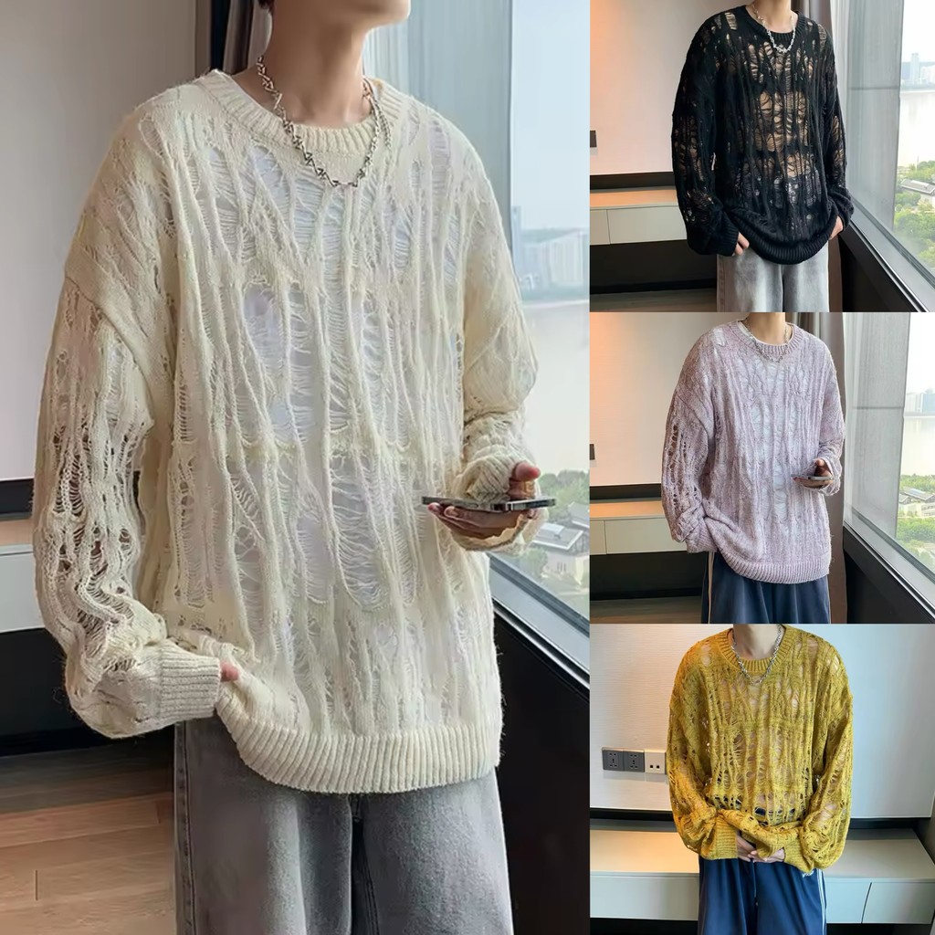บางการออกแบบย้อนยุคกลวงซอกแขนยาวเสื้อถักหลวม