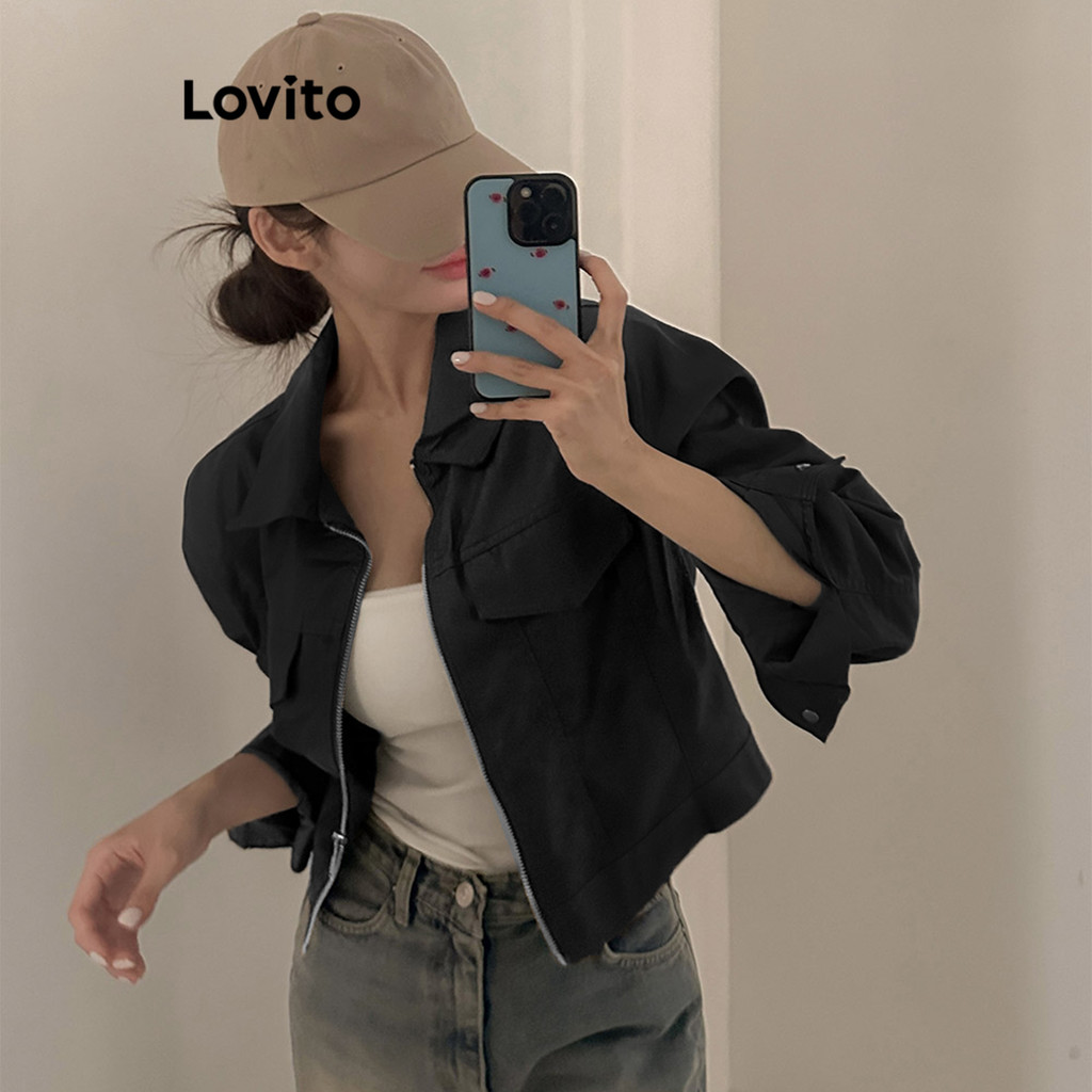 Lovito เสื้อแจ็คเก็ตซิปกระเป๋าหลอกแบบเรียบง่ายสำหรับผู้หญิง L110AD131