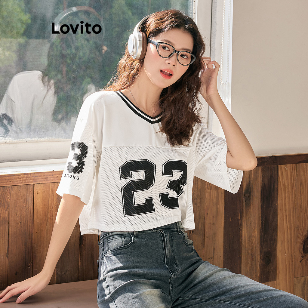 Lovito เสื้อยืดลายสีพื้นลำลองสำหรับผู้หญิง L110AD351