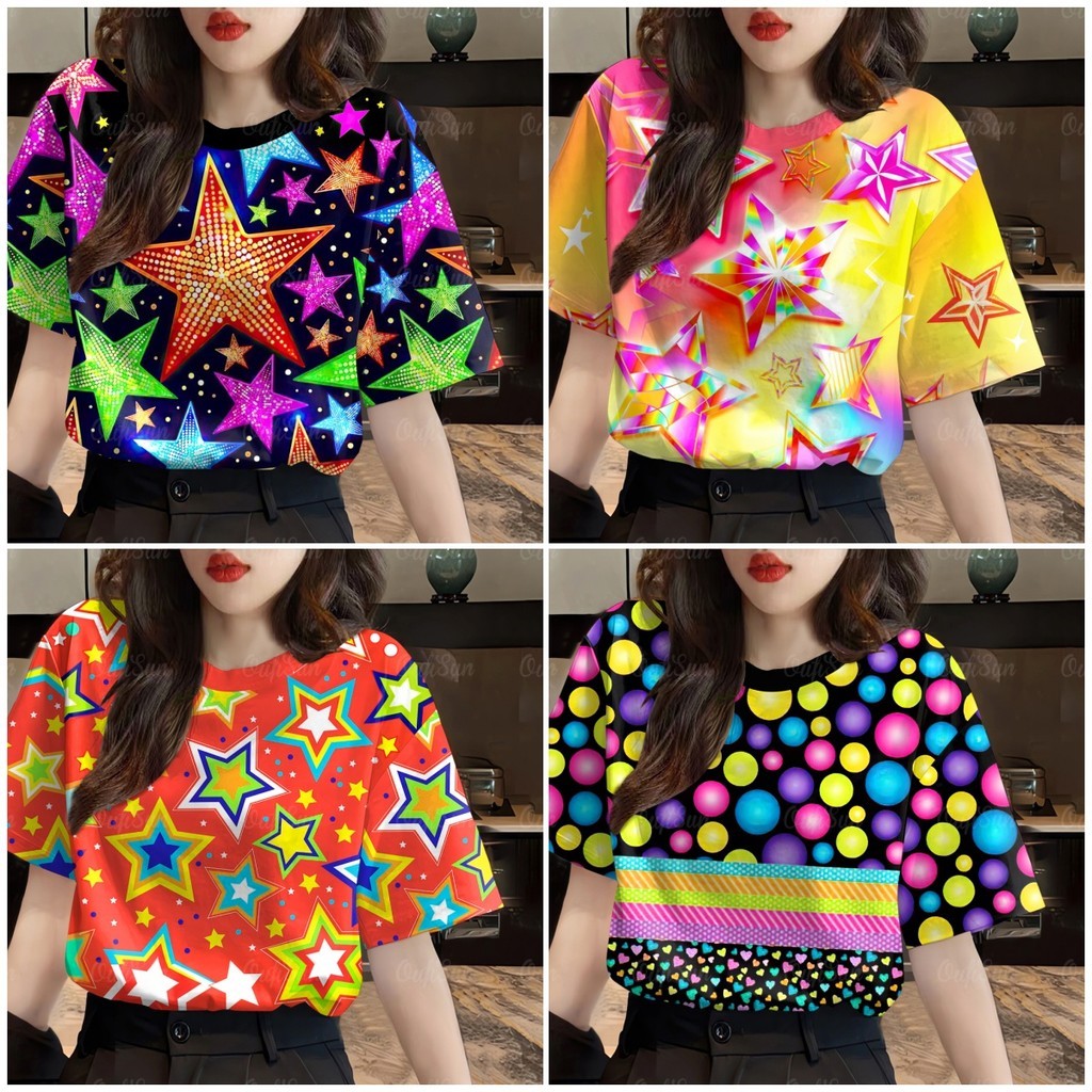 2025 ใหม่แขนสั้นด้านบนแฟชั่นขนาดใหญ่เสื้อสวมหัวผู้หญิงเสื้อยืดสายรุ้งรูปดาวห้าแฉกพิมพ์เสื้อยืดสําหรับผู้หญิง